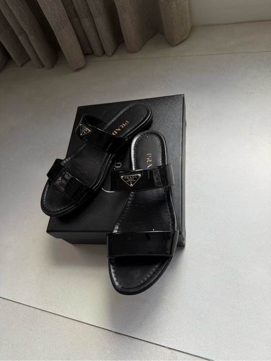 Prada Shoes - Prada Black Patent Leather Double-Strap Slide Sandals